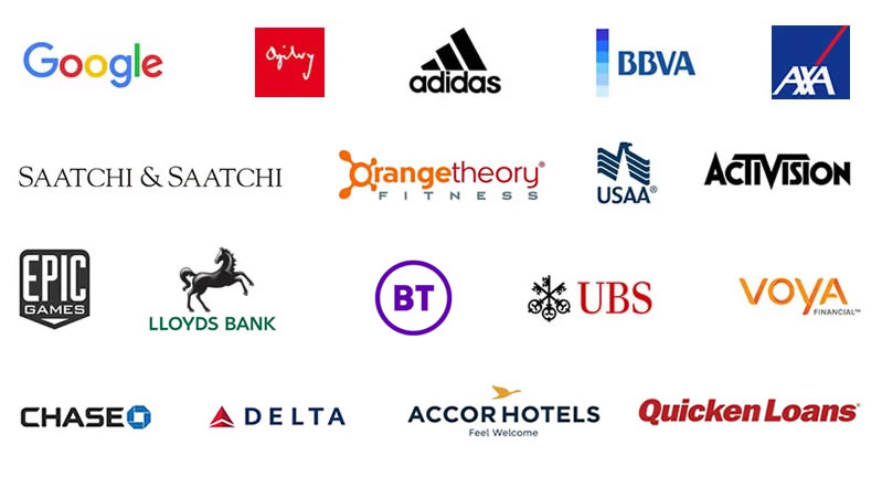 Clients logos: Google, Agily, adidas, BBVA, USAA, AXA, EPIC Games, BT, Oragnetheory Fitness, CHASE, DELTA, Accor Hotels, QuickenLoans, Activision, Lloyds Bank, UBS, Saatchi&Saatchi, Voya