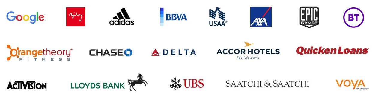 Clients logos: Google, Agily, adidas, BBVA, USAA, AXA, EPIC Games, BT, Oragnetheory Fitness, CHASE, DELTA, Accor Hotels, QuickenLoans, Activision, Lloyds Bank, UBS, Saatchi&Saatchi, Voya